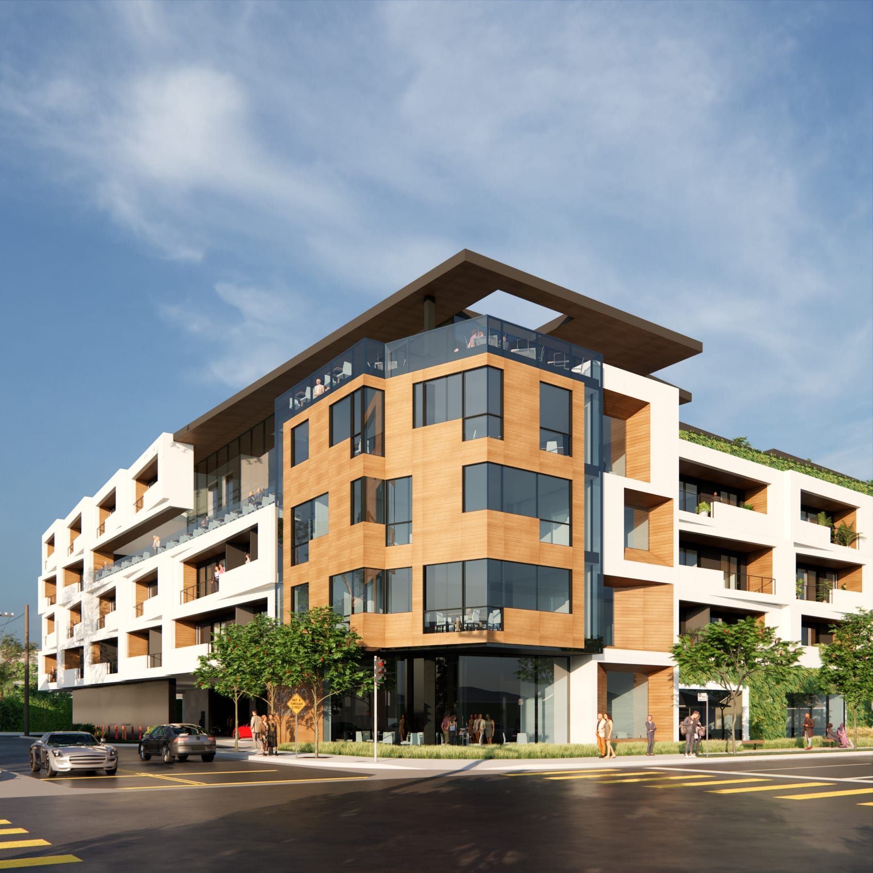 Rendering of Encino Senior Living at the street corner, with warm wood balconies and a rooftop terrace