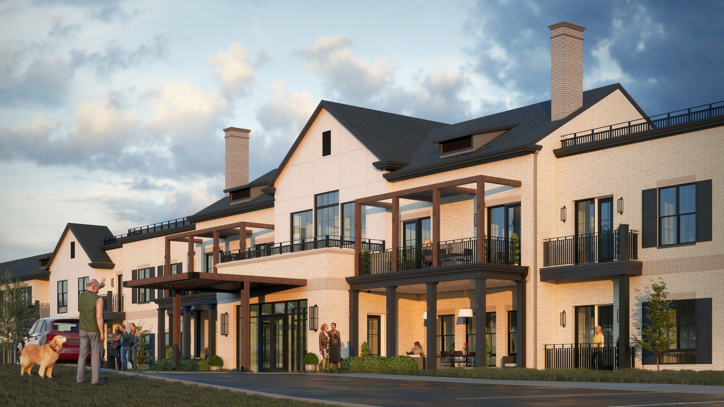 Rendering of the front entry of Potomac Senior Living with masonry, timber trellises and a covered porte-cochere