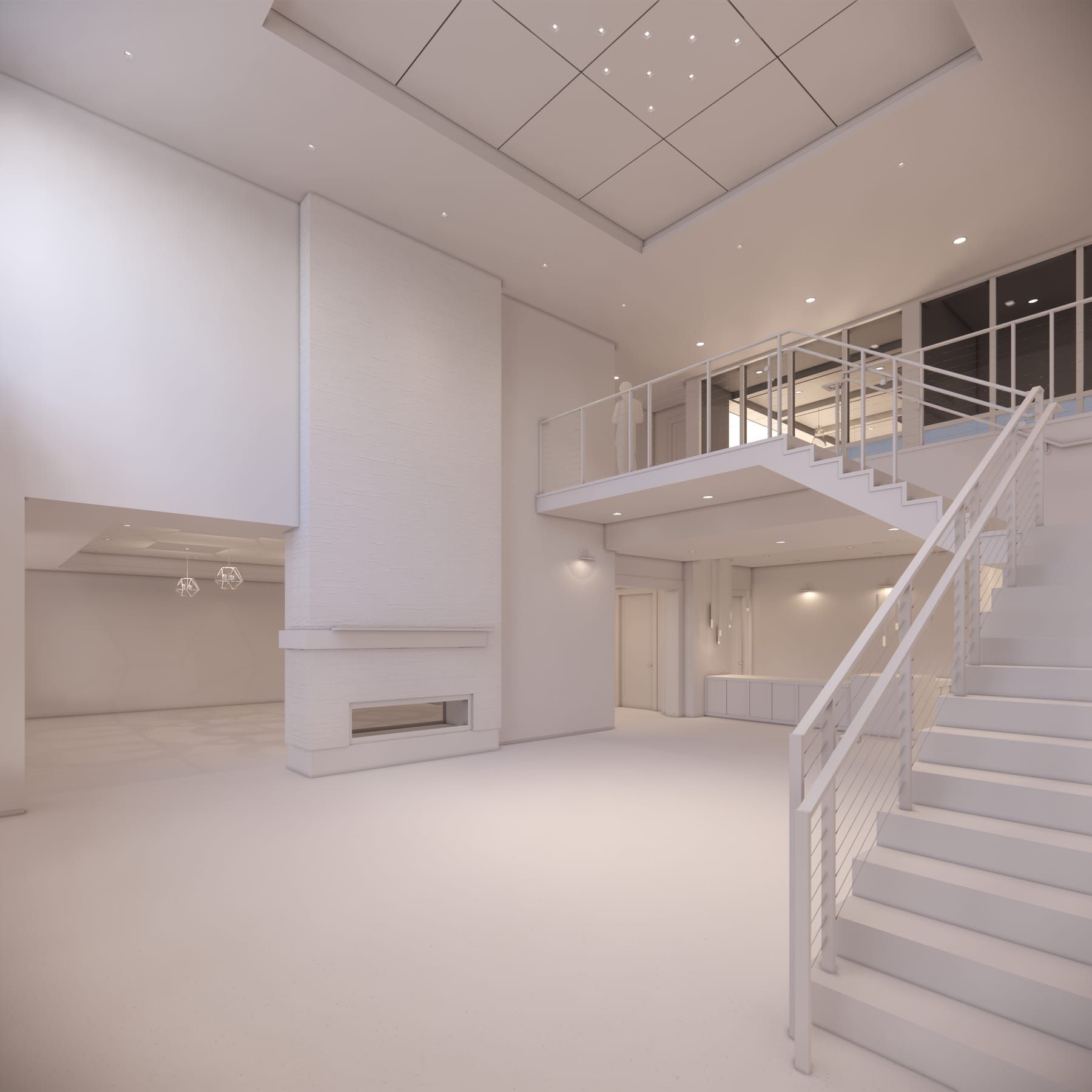 The lobby shown as a white-box model