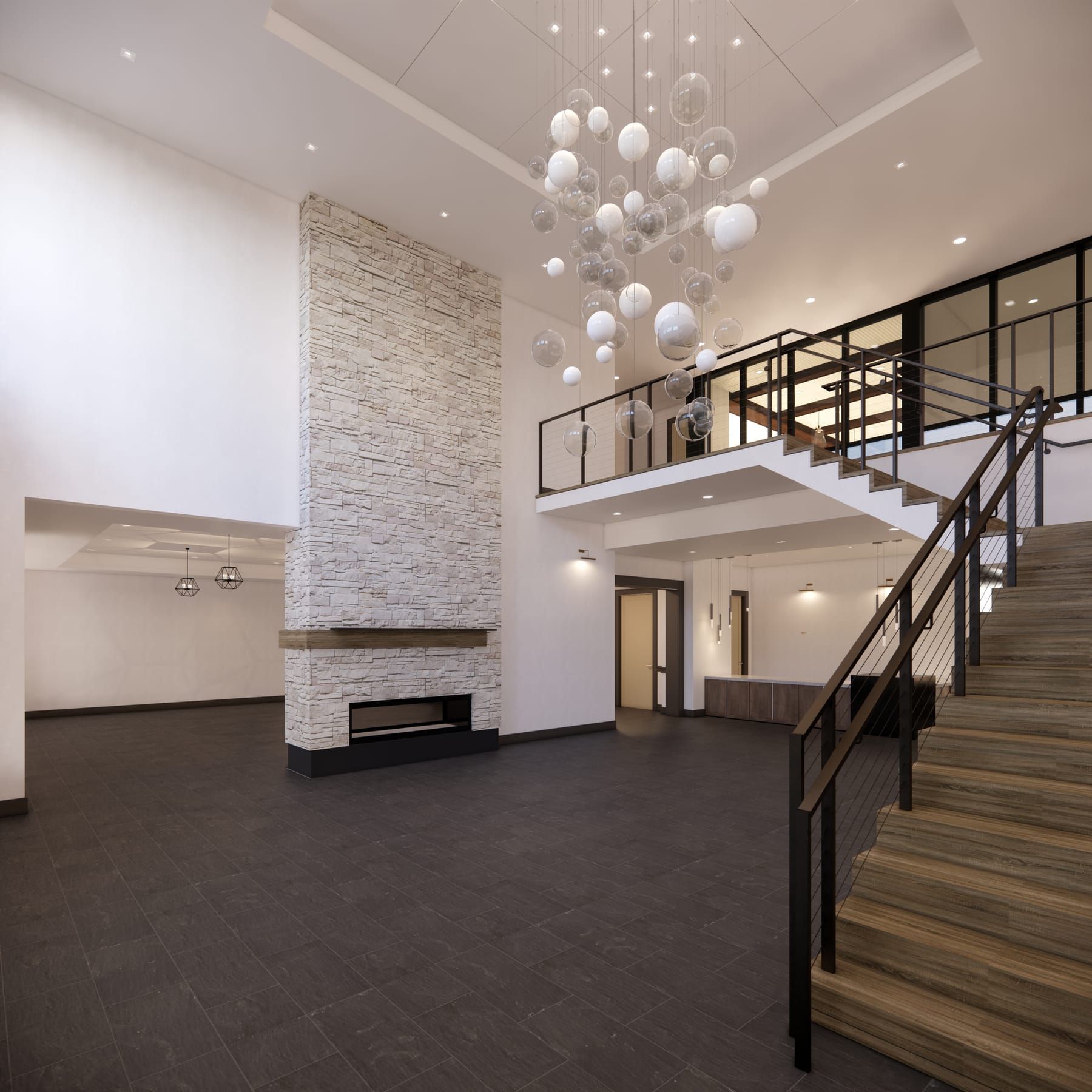 The same lobby with finishes and lighting