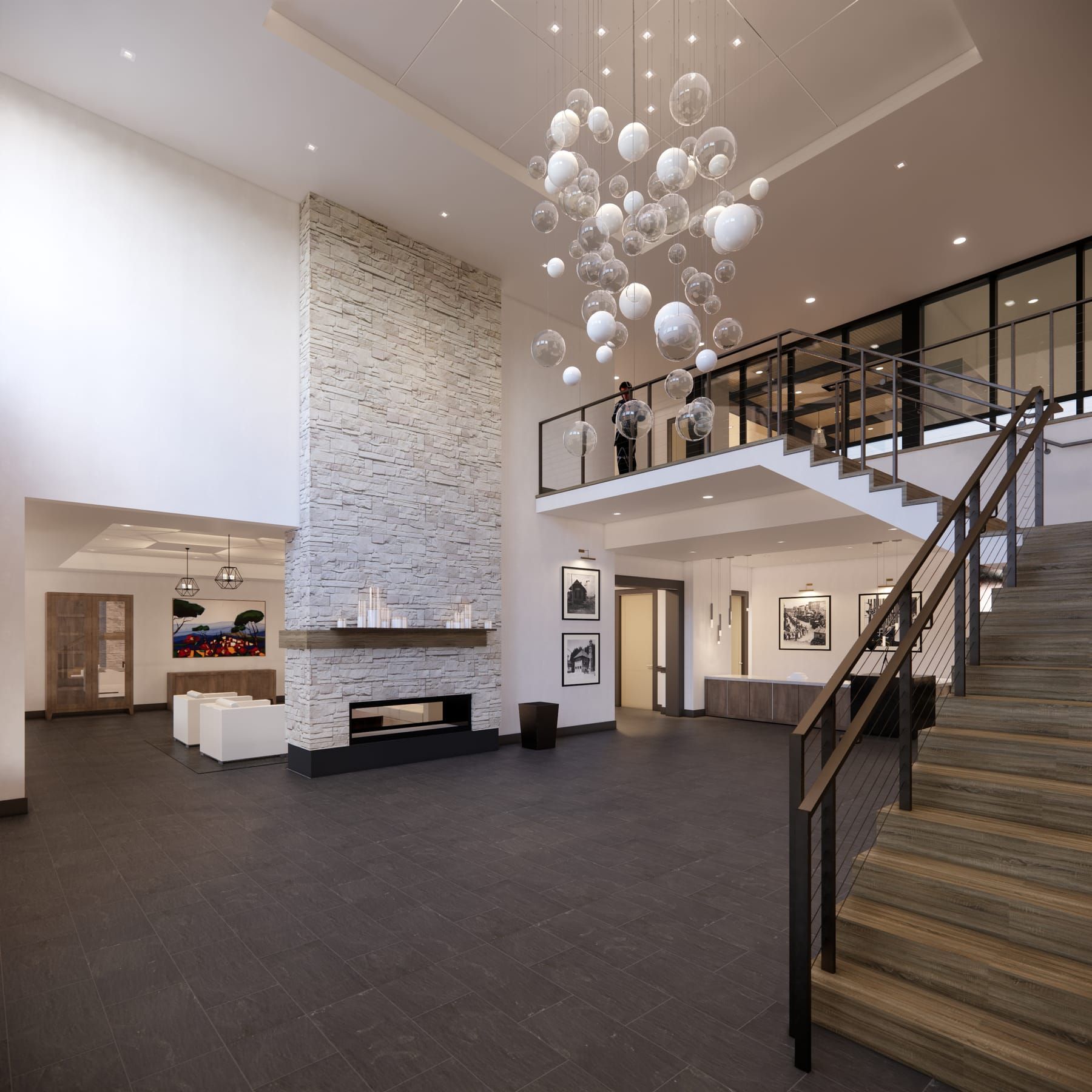 The same lobby with furniture and art